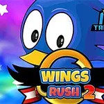 Modrá kreslená postavička s veľkými očami a žltým zobákom, nad ktorou je nápis Wings Rush 2 s farebným pozadím
