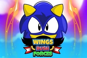 Modrá kreslená postavička s veľkými očami a žltými ušami, spolu s nápisom Wings Rush Forces na farebnom pozadí