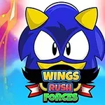 Modrá kreslená postavička s veľkými očami a žltými ušami, spolu s nápisom Wings Rush Forces na farebnom pozadí