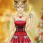 Žena v červenom šatách so sobími parohami na hlave drží pohár šampanského pred zdobeným vianočným stromčekom