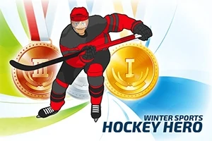 Hokejista v červeno-čiernom drese s hokejkou pred dvoma medailami na pozadí s nápisom Winter Sports Hockey Hero