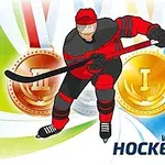 Hokejista v červeno-čiernom drese s hokejkou pred dvoma medailami na pozadí s nápisom Winter Sports Hockey Hero