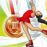 Postava krasokorčuliarky v červenom oblečení pred troma medailami v pozadí