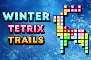 Zimná grafika s pixelovým sobom z farebných blokov a snehovými vločkami na modrom pozadí s textom Winter Tetrix Trails