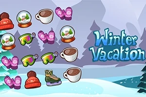 Predmety zimného obdobia, ako sú rukavice, šálky s horúcim nápojom, korčule, a zimné čiapky sú rozmiestnené na zasneženej krajine s textom „Winter Vacation“ vpravo