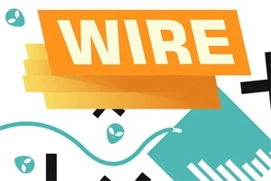 Nápis WIRE na oranžovom pozadí s geometrickými tvarmi a modro-zeleným vodičom