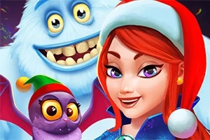 Žena s červenými vlasmi v čiapke Santa Clausa vedľa fialového netopiera s veľkými očami a usmievajúcej sa bielej chlpatého tvora