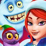 Žena s červenými vlasmi v čiapke Santa Clausa vedľa fialového netopiera s veľkými očami a usmievajúcej sa bielej chlpatého tvora