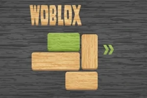 Drevené bloky na tmavom pozadí s nápisom Woblox a zelenou šípkou