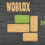 Drevené bloky na tmavom pozadí s nápisom Woblox a zelenou šípkou