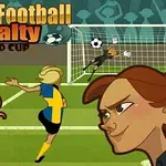 Ilustrovaná scéna s futbalistkou v modro-žltom drese kopajúcou loptu na brankárku, pozadie s dvomi tvárami