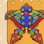 Farebný geometrický vzor z drevených a kovových dielov usporiadaný symetricky na oranžovom pozadí