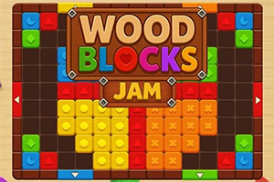 Farebné drevené kocky rôznych tvarov poskladané v mriežke na pozadí s nápisom „WOOD BLOCKS JAM uprostred
