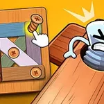 Kreslený obrázok s drevenými doskami a skrutkami, kde jedna skrutka má nazlostený výraz tváre
