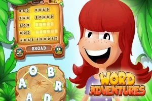 Postava s červenými vlasmi a výrazným úsmevom stojí vedľa tabule so slovami a abecednými posuvmi na drevenom pozadí s textom „Word Adventures“ v popredí