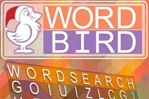Farebný obrázok s logom, ktoré obsahuje bieleho vtáka s červenou čiapkou a nápis WORD BIRD na fialovom a oranžovom pozadí