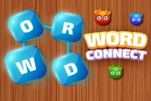 Modré kocky spojené do krížovky na drevenom pozadí s farebnými príšerkami a nápisom WORD CONNECT