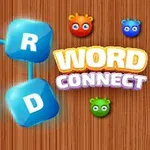 Modré kocky spojené do krížovky na drevenom pozadí s farebnými príšerkami a nápisom WORD CONNECT