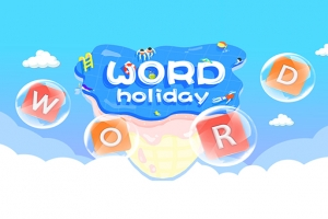 Modrý nebeský pozadie s bublinkami obsahujúcimi písmená a nápisom WORD holiday uprostred