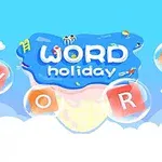 Modrý nebeský pozadie s bublinkami obsahujúcimi písmená a nápisom WORD holiday uprostred