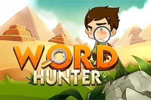 Karikatúrny chlapec s lupou stojí pred pyramídami, s výrazným nápisom WORD HUNTER v popredí