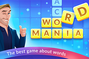 Muž s palcom hore vedľa písmen tvoracich slová „WORD“ a „MANIA“ na modrom pozadí