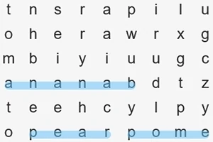 Mriežka písmen so zvýraznenými slovami banana a apple