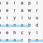 Mriežka písmen so zvýraznenými slovami banana a apple