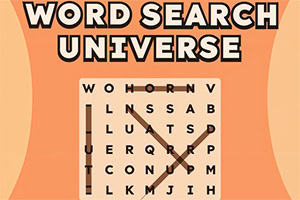 Oranžový plagát s nápisom „WORD SEARCH UNIVERSE a mriežkou na hľadanie slov s vyznačenými písmenami