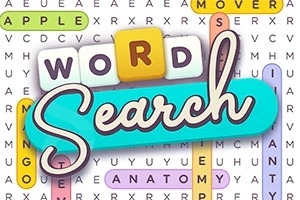 Slová WORD SEARCH sú zobrazené na farebnom pozadí s vyhľadanými slovami v osemsmerovke