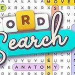 Slová WORD SEARCH sú zobrazené na farebnom pozadí s vyhľadanými slovami v osemsmerovke