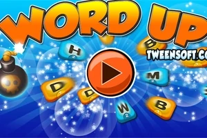 Farebný nápis WORD UP s ikonou bomby a tlačidlom prehrávania na modrom pozadí s písmenami