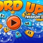 Farebný nápis WORD UP s ikonou bomby a tlačidlom prehrávania na modrom pozadí s písmenami