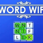 Modrá obrazovka s bielym textom WORD WIPE a mriežkou písmen zvýraznenou zeleným prepojením