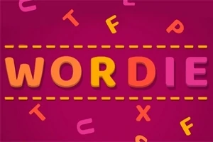 Farebné slovo „WORDIE“ na ružovom pozadí s náhodne rozmiestnenými písmenami