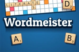 Hra obsahuje hernú dosku so slovami vytvorenými z písmen na dlaždiciach, s modrým pozadím a názvom Wordmeister