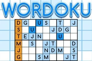 Mriežka s písmenami v štýle Sudoku so slovom WORDOKU na vrchu