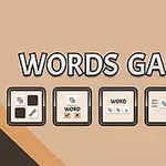 Nápis WORDS GAMES s piatimi ikonami v rámčekoch na béžovom pozadí
