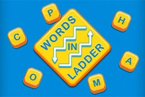 Žltý diamantový tvar s textom Words in Ladder uprostred, obklopený oranžovými písmenami na modrom pozadí