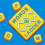 Žltý diamantový tvar s textom Words in Ladder uprostred, obklopený oranžovými písmenami na modrom pozadí