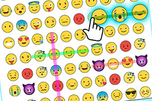 Emoji tváre rôznych výrazov zoradené v mriežke s rukou na jednej z nich