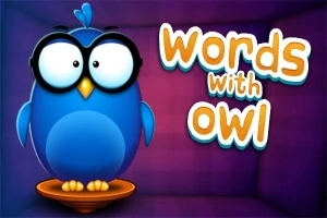 Modrá sova s veľkými okuliarmi stojaca na podstavci, vedľa textu words with owl na fialovom pozadí