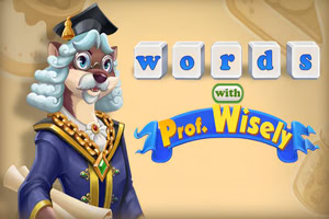 Antropomorfná postava psa v promočnom plášti a klobúku, držiaca diplom, s názvom words with Prof
