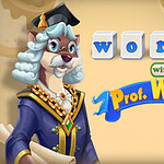 Antropomorfná postava psa v promočnom plášti a klobúku, držiaca diplom, s názvom words with Prof