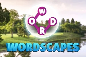 Logo s fialovými prepojenými písmenami W, O, R, D na pozadí s prírodnou scenériou a názvom WORDSCAPES v modrom písme