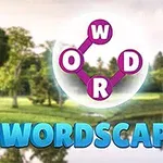 Logo s fialovými prepojenými písmenami W, O, R, D na pozadí s prírodnou scenériou a názvom WORDSCAPES v modrom písme