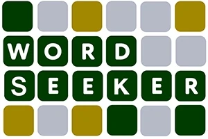 Zeleno-biele písmená tvoria slová WORD SEEKER na mriežke s farebnými štvorcami