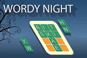 Zelené a oranžové písmená na hracej ploche s textom WORDY NIGHT na tmavomodrom pozadí s vetvičkami a hviezdami
