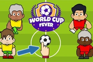 Štylizovaná futbalová ilustrácia s postavami v rôznych dresoch a stredovým logom s nápisom World Cup Fever