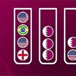 Na tmavoružovom pozadí sú tri biele trubice obsahujúce ikony vlajok USA, Kataru, Brazílie a Anglicka
